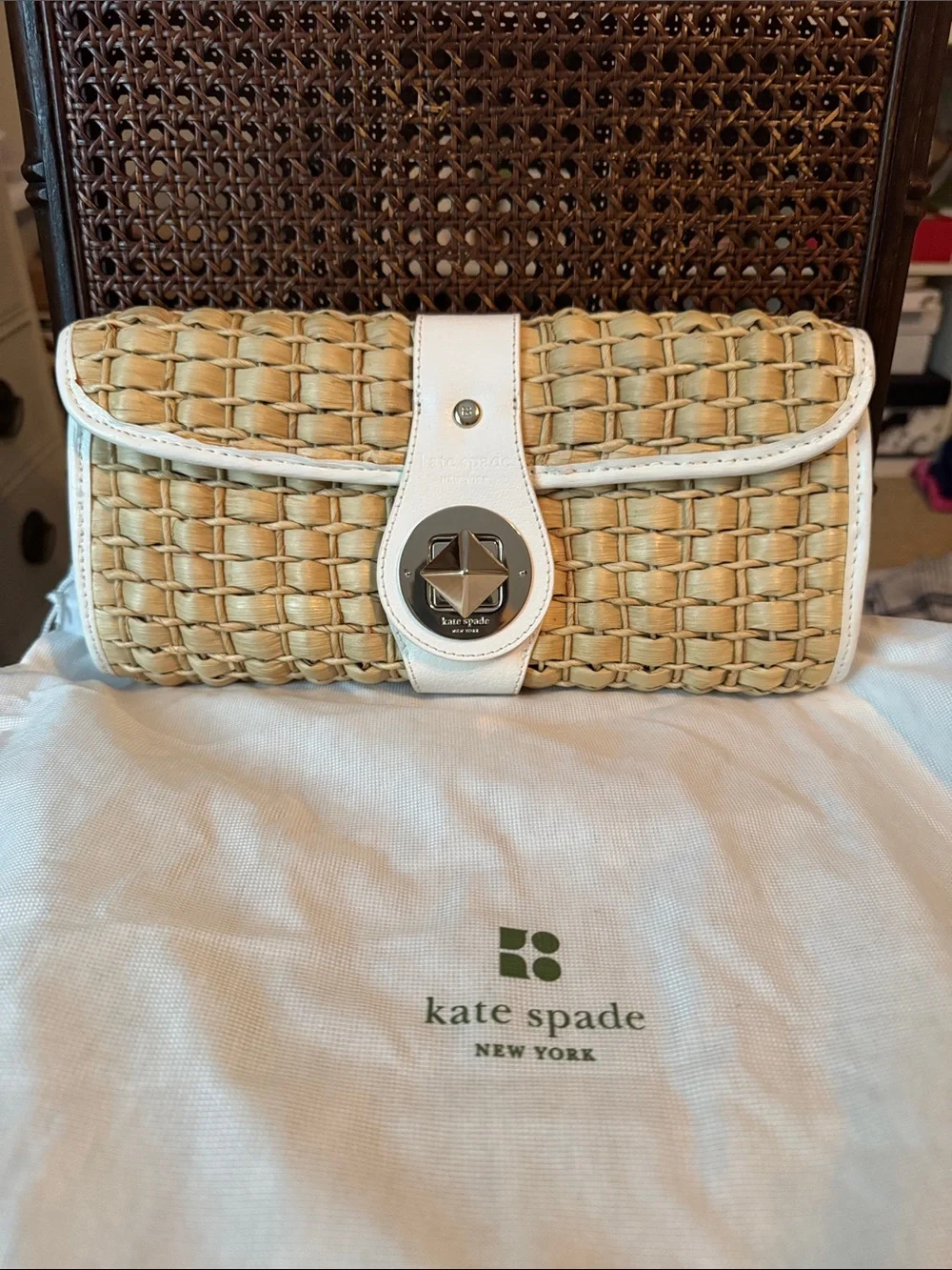 Vintage kate spade Natural Straw Clutch with White Leather Trim and Turn-Lock